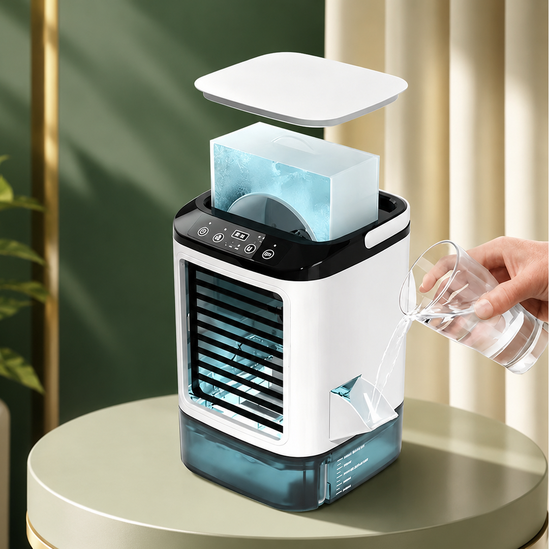 Tragbarer Klimaanlagen-Ventilator mit Ice Box und USB-Anschluss für angenehme Kühlung zu Hause oder im Büro.