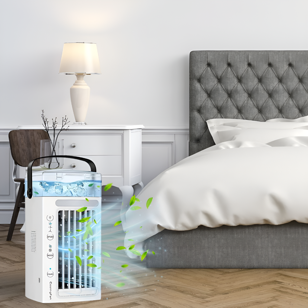 Tragbarer, kompakter persönlicher Luftkühler für schnelle Kühlung im Büro oder Zuhause, geometrisches Design.