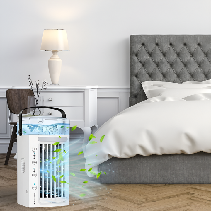 Tragbarer, kompakter persönlicher Luftkühler für schnelle Kühlung im Büro oder Zuhause, geometrisches Design.