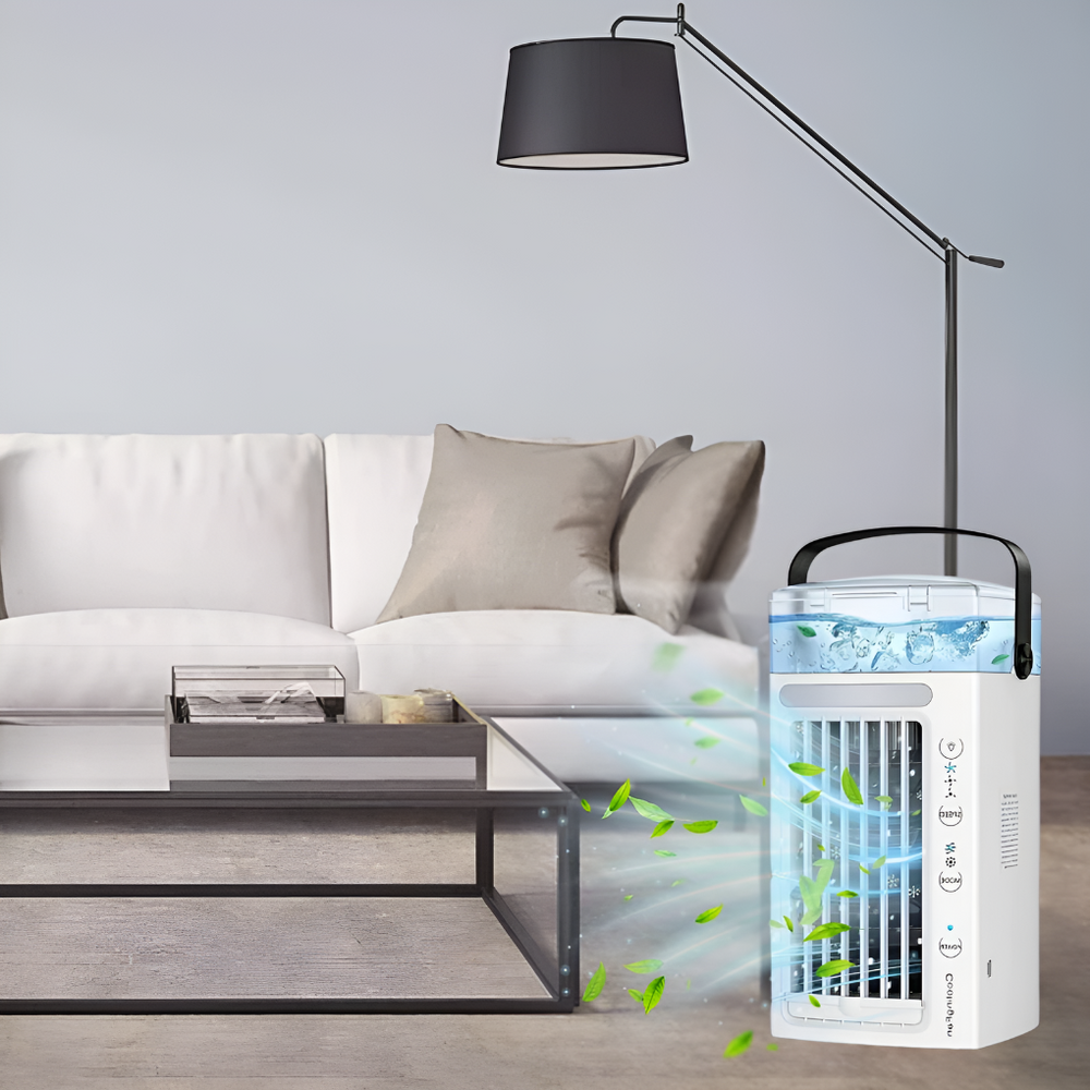 Mini-Klimaanlage mit Ventilator für den Sommer. Kompakter Luftkühler sorgt für angenehme Kühlung zuhause/Büro.