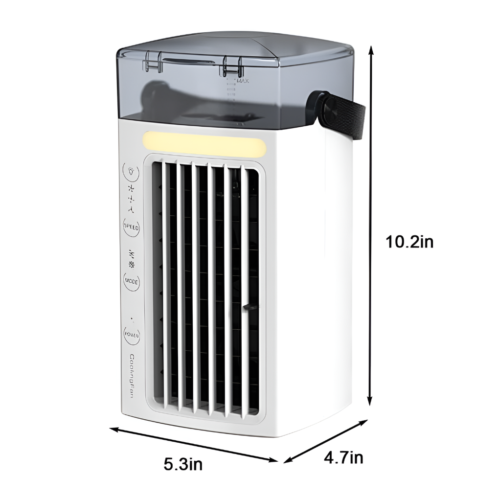 Geometrischer, kompakter Luftkühler, ideal als persönlicher Ventilator auf dem Balkon, im Büro oder Zuhause.