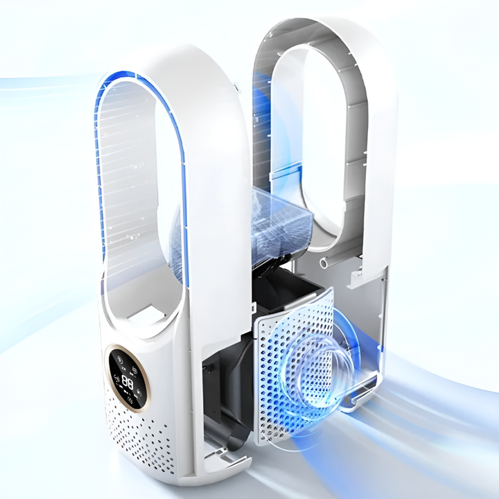 Stylischer, tragbarer Luftkühler in Weiß/Blau. Leise & energieeffizient für effektive Heimkühlung im Sommer.