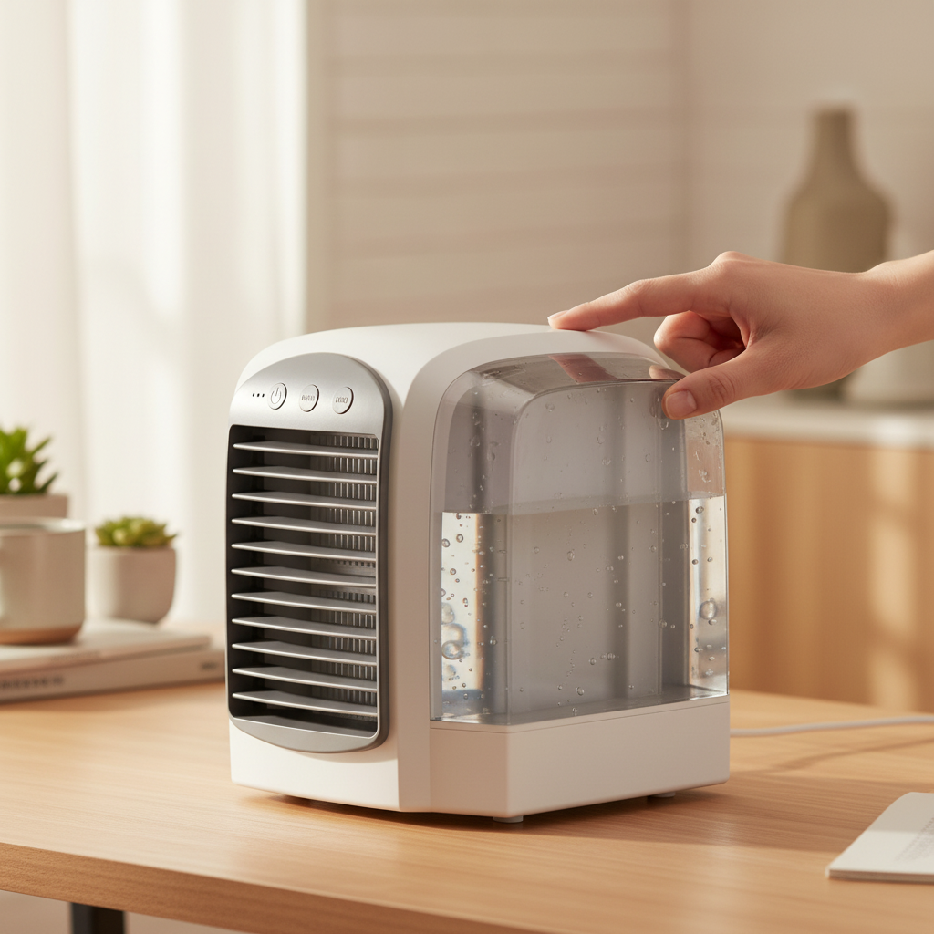 Tragbarer Mini Luftkühler & Ventilator, oszillierend, für effektive Kühlung zuhause oder im Büro.