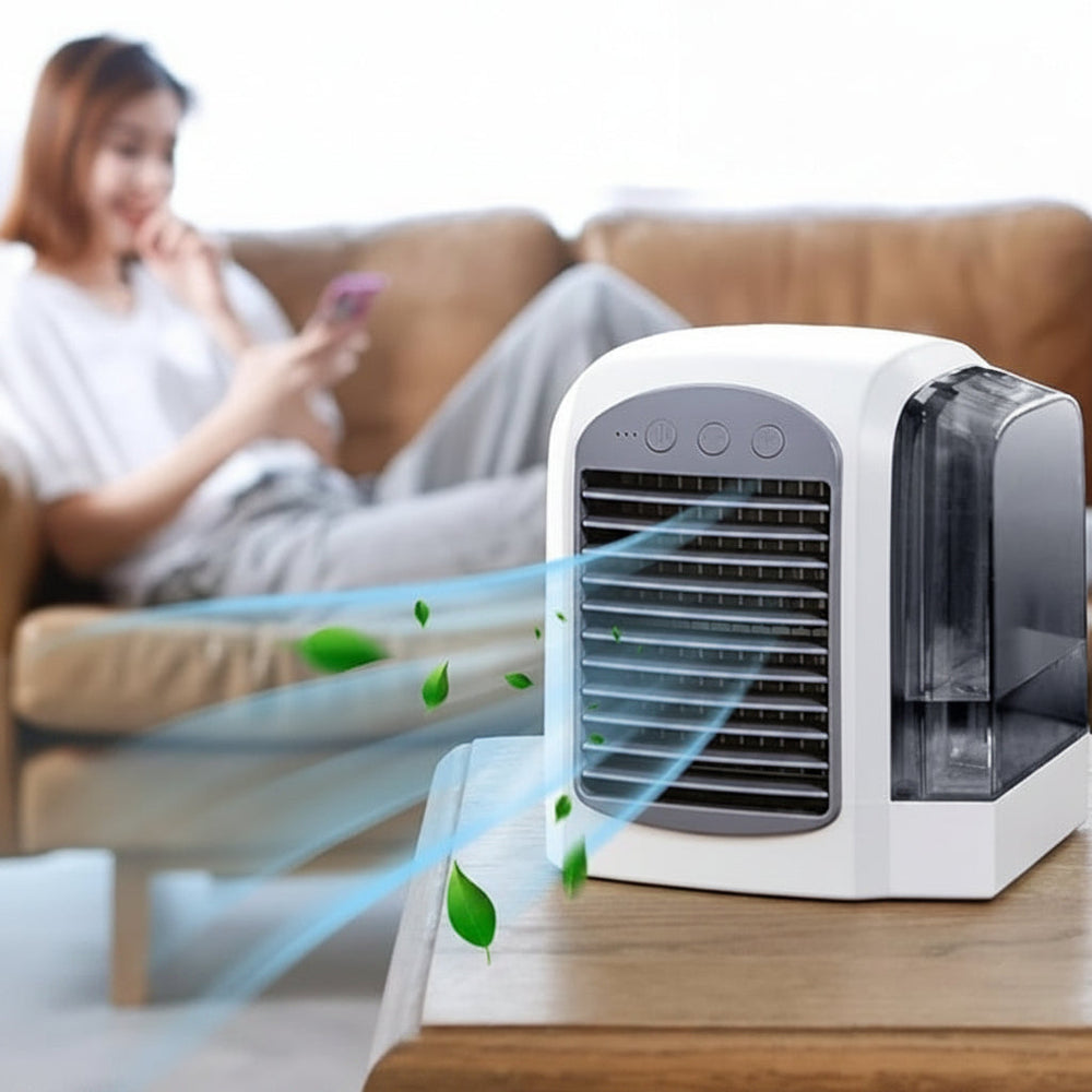 Kompakter Verdunstungskühler für Schreibtisch & Büro. Tragbarer Mini-Luftkühler mit effizienter Sommerkühlung.