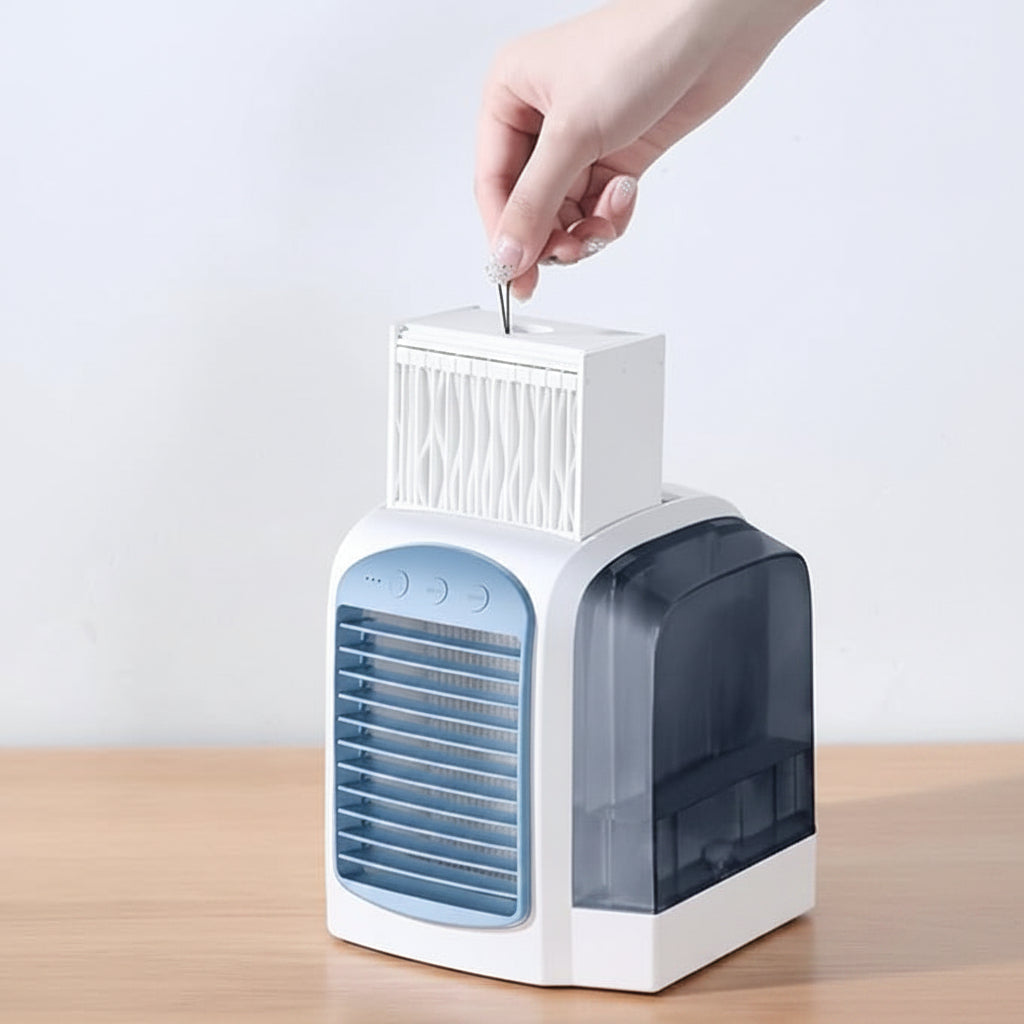 Vielseitiger tragbarer Mini-Luftkühler & Ventilator. Perfekt für Schreibtisch, Büro & Zuhause.