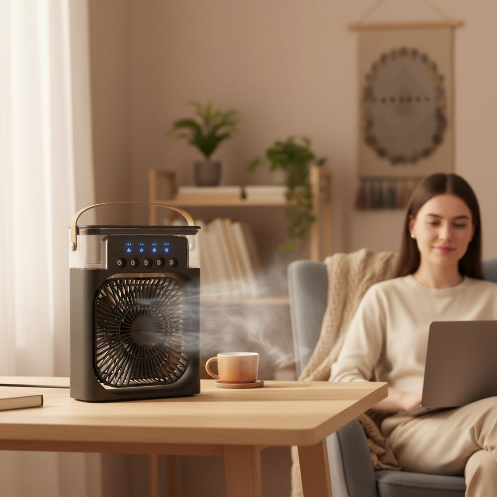 Kompakter Verdunstungskühler für persönliche Sommer-Kühlung. Tragbarer Luftkühler, ideal für Schreibtisch & Homeoffice.