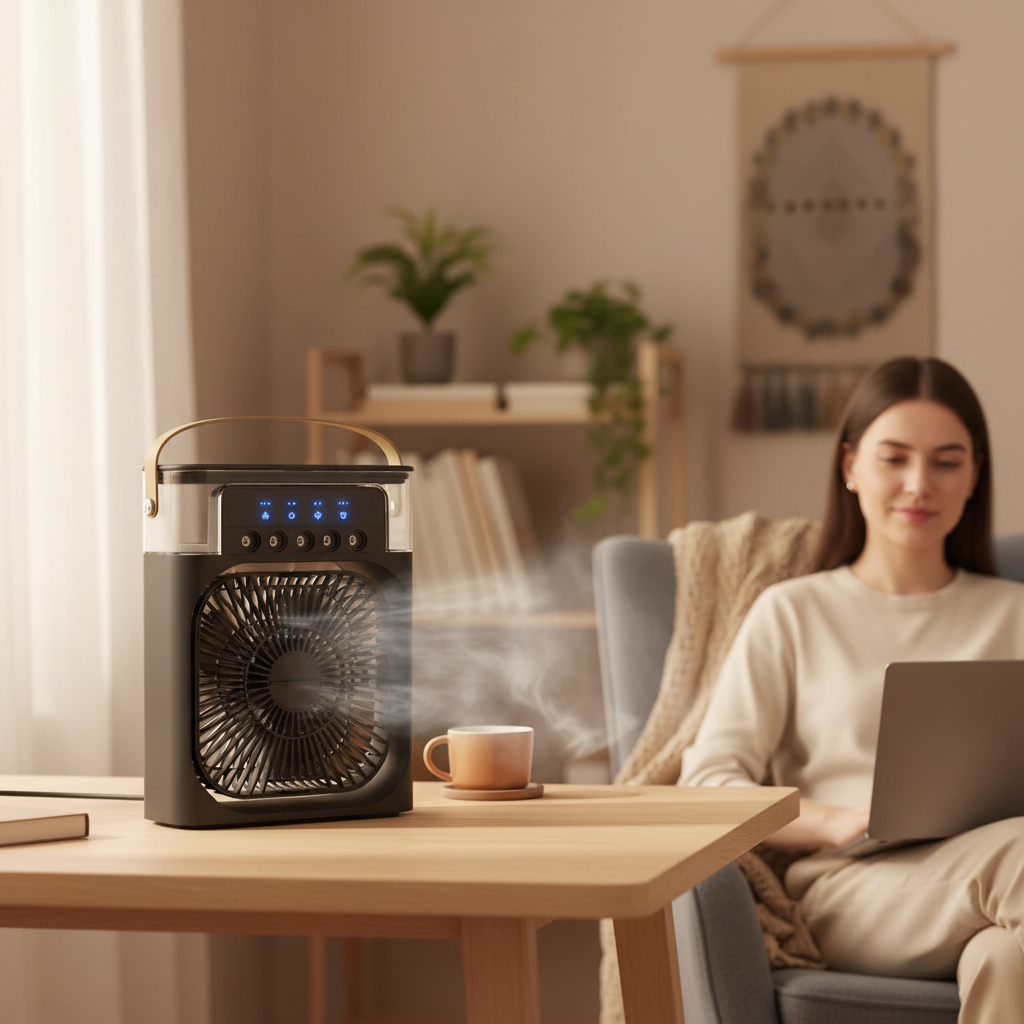 Kompakter Verdunstungskühler für persönliche Sommer-Kühlung. Tragbarer Luftkühler, ideal für Schreibtisch & Homeoffice.