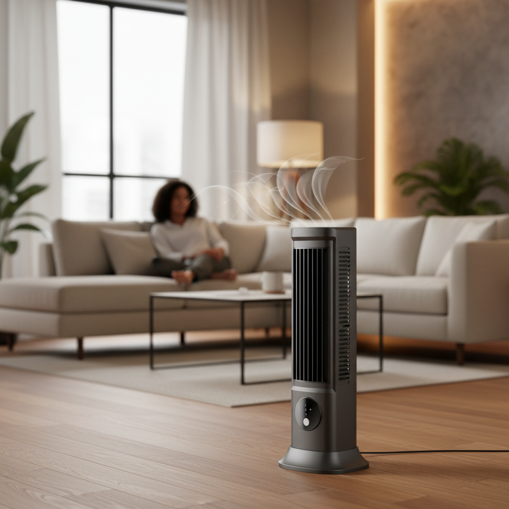 Tragbarer Turmventilator mit Fernbedienung, Oszillation und schlankem Design für effektive Kühlung im Sommer.