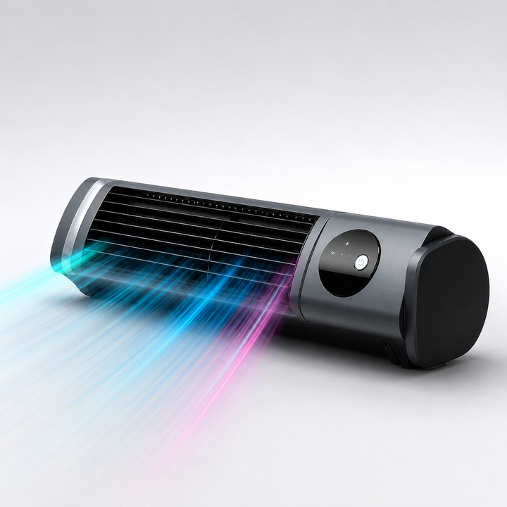 Eleganter Turmventilator in Schwarz mit Oszillation für optimale Luftzirkulation in Büro und Zuhause.