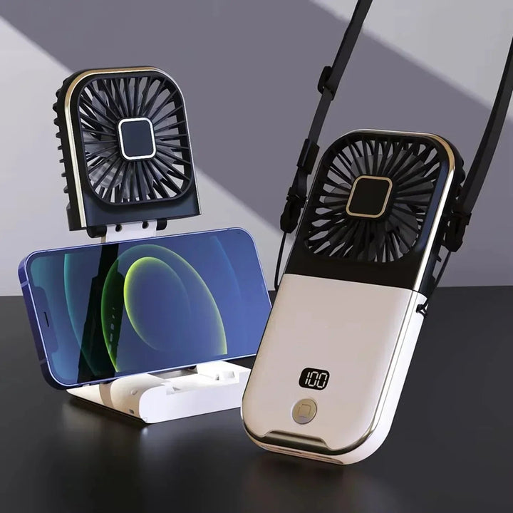 Wiederaufladbarer Handventilator mit 3 Geschwindigkeitsmodi und LED-Display, ideal für Outdoor-Aktivitäten.