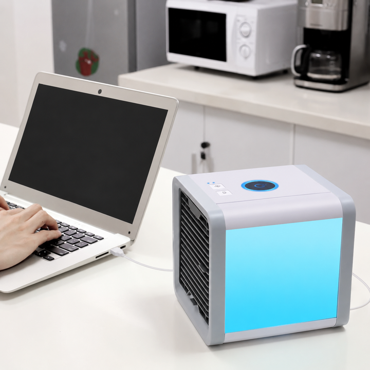 Mini Luftkühler 3-in-1: kühlt, befeuchtet, reinigt Luft. Kompakter USB Ventilator für Büro & Schreibtisch.