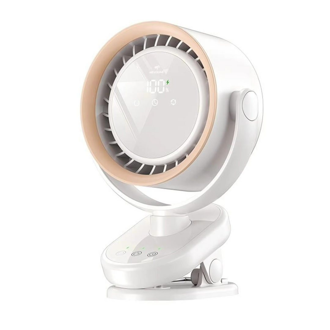 Tragbarer Ventilator mit integriertem 4000mAh Akku, aufladbar per USB-C, inklusive LED-Anzeige.