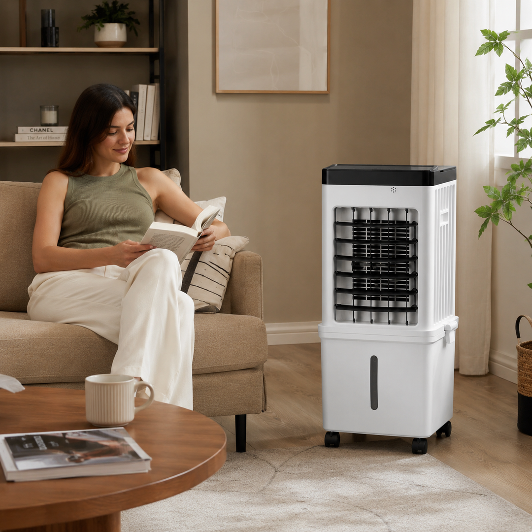 Tragbarer Verdunstungs-Luftkühler für Büro und Schlafzimmer, ideal für Sommerkühlung mit 12-Stunden-Timer.
