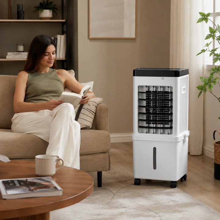 Tragbarer Verdunstungs-Luftkühler für Büro und Schlafzimmer, ideal für Sommerkühlung mit 12-Stunden-Timer.