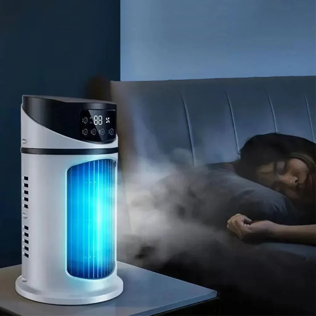 Tragbarer Verdunstungs-Luftkühler für Zuhause & Büro, als Ventilator & Befeuchter, für angenehme Sommerfrische.