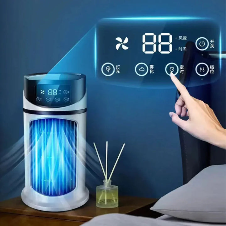Stylischer tragbarer Luftkühler & Ventilator, der als Verdunster kühlt. Perfekt für Büro & Schlafzimmer im Sommer.