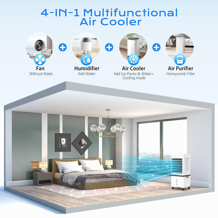 Vielseitiger Verdunstungs-Luftkühler für Zuhause. Mit Timer, 12L Tank & Fernbedienung für Komfort.