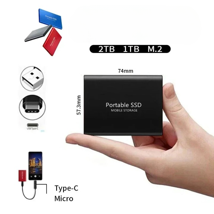 Schlankes schwarzes Hochgeschwindigkeits-SSD-Gadget 2TB mit USB-C-Anschluss.