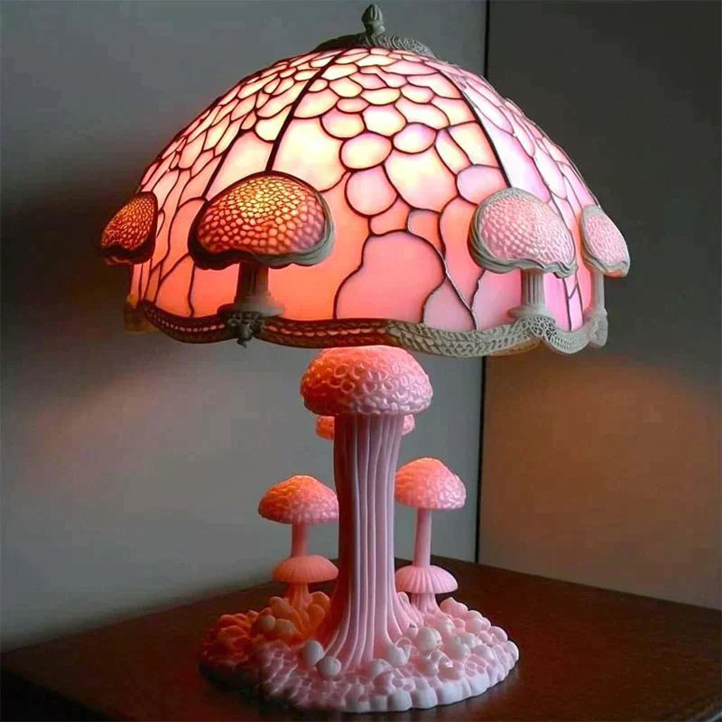 Rosa Pilzlampe mit Glas-Schirm, dekorative Tischleuchte, Vintage-Stil, Wohnzimmerbeleuchtung.