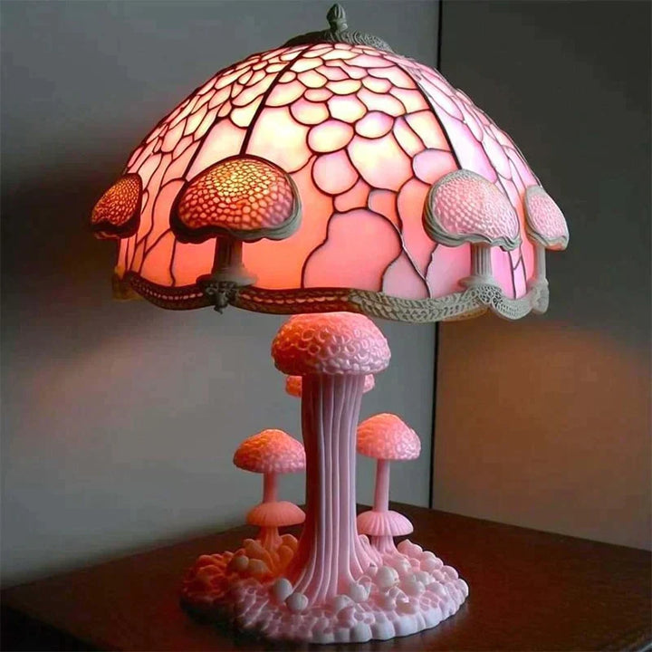 Rosa Pilzlampe mit Glas-Schirm, dekorative Tischleuchte, Vintage-Stil, Wohnzimmerbeleuchtung.