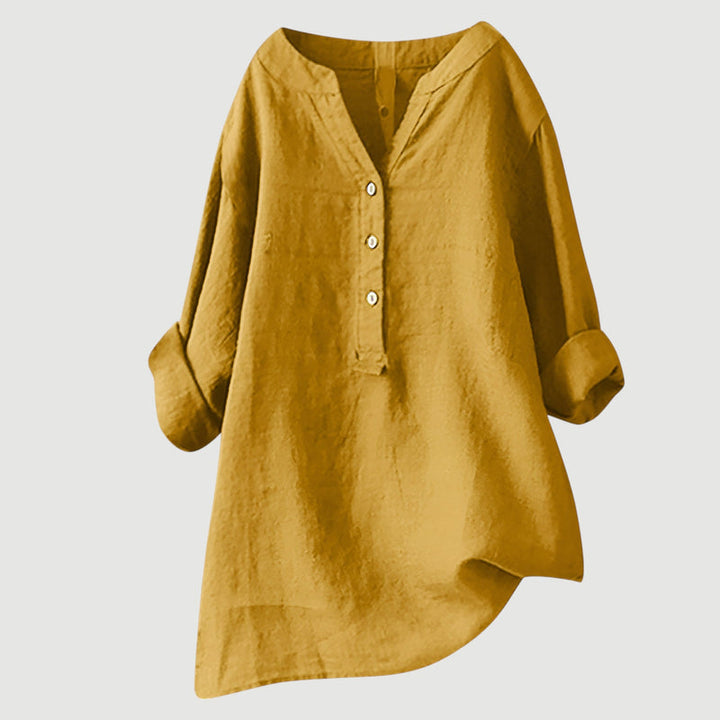 Elegante Damen Bluse mit tiefem V-Ausschnitt und durchgehender Knopfleiste, ideal für Freizeit & Büro.