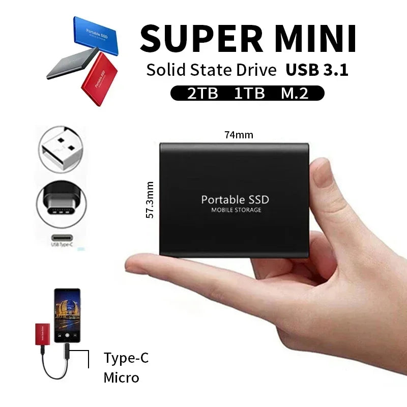 Kompakte externe SSD mit USB-C Anschluss und 2TB Speicher. Ideal für schnelle, tragbare Datenübertragung für Profis.