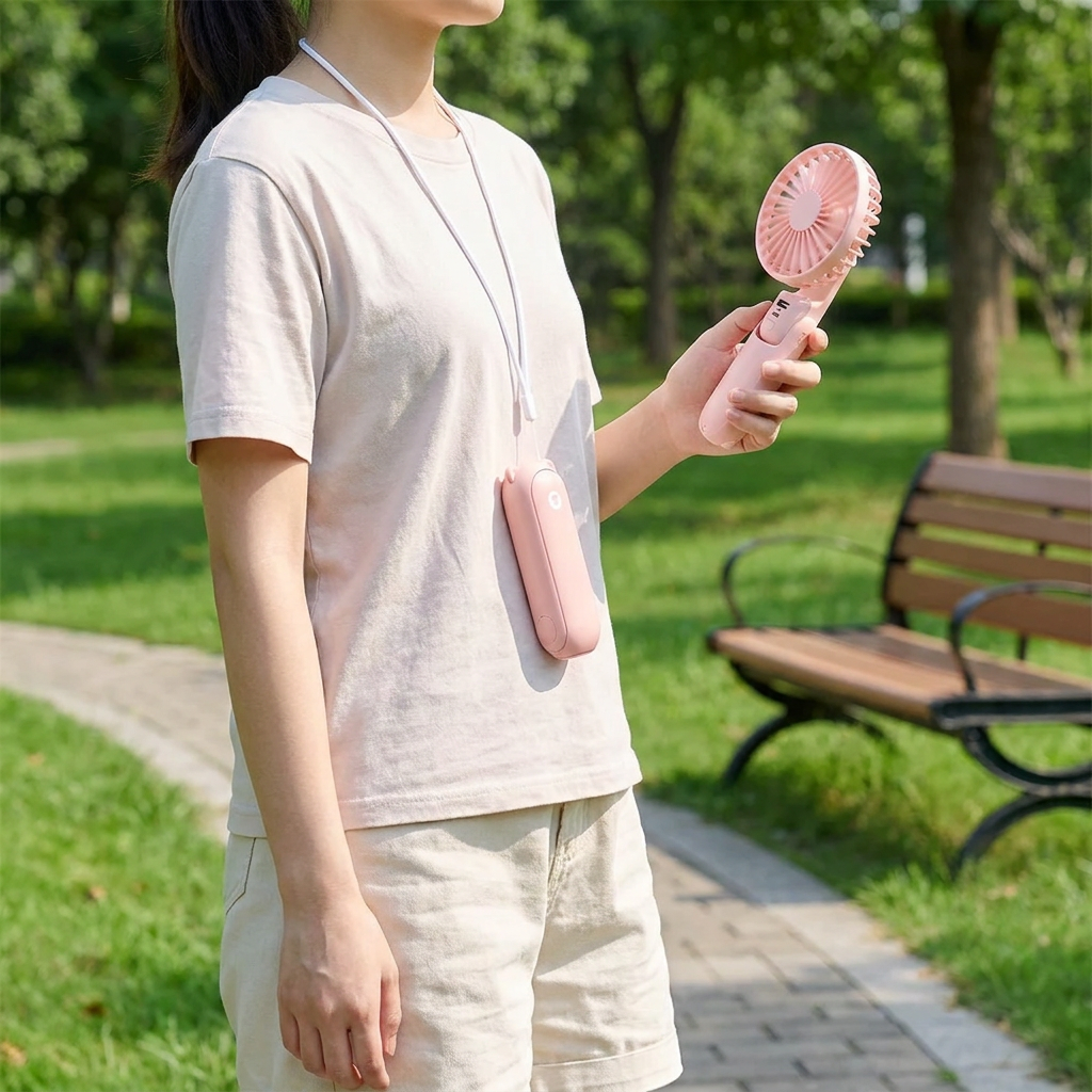 Unisex 3-in-1 Mini-Ventilator in Pink mit Powerbank & heller LED-Taschenlampe. Perfekt für Reise & Outdoor.