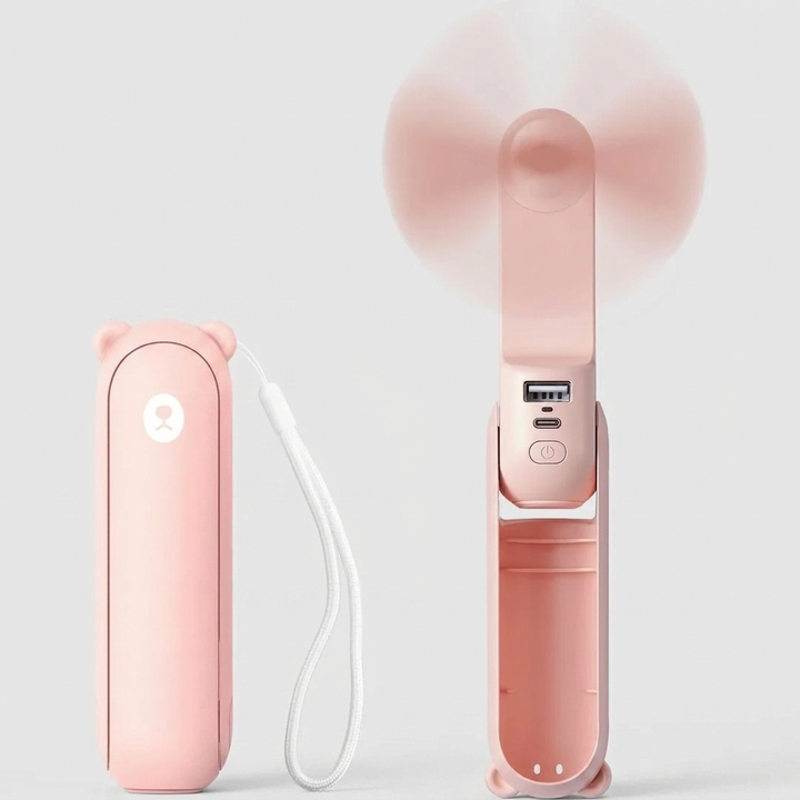 Tragbarer USB Kühlventilator in Grün, ideal als Powerbank und Taschenlampe. Ein praktisches Reise-Gadget.