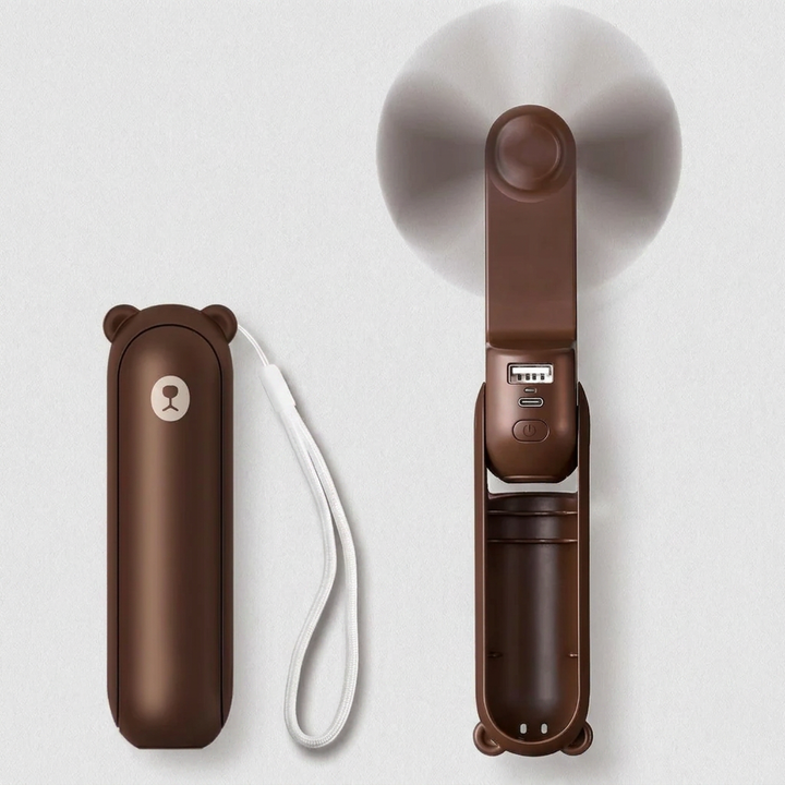 Kompakter 3-in-1 Mini-Ventilator in Braun mit Powerbank und Licht. Dein tragbarer Begleiter für Outdoor & USB.