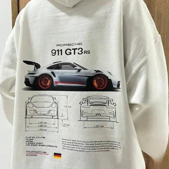 Unisex Oversize Rennsport Hoodie mit coolem Zahnrad-Reißverschluss & Profil-Ärmeln; sportlicher Streetwear-Look.