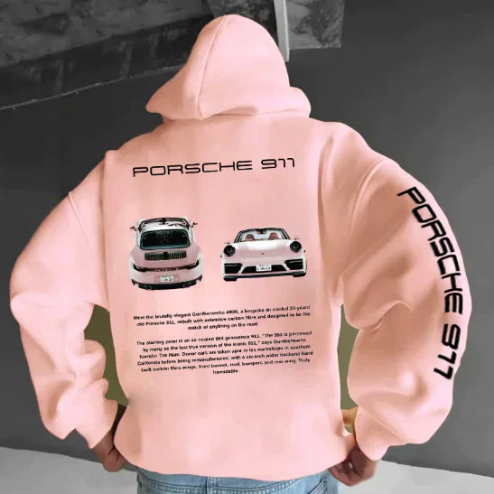 Trendiger Renn-Hoodie für Damen & Herren; Oversize Kapuzenpullover mit sportlichen Profil-Ärmeln. Lässige Freizeitkleidung.