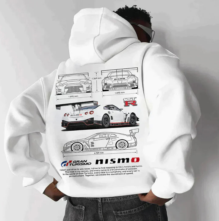Hochwertiger Oversize Kapuzenpullover im Rennsport-Design; Unisex mit speziellem Zahnrad-Reißverschluss. Modische Trendmode.