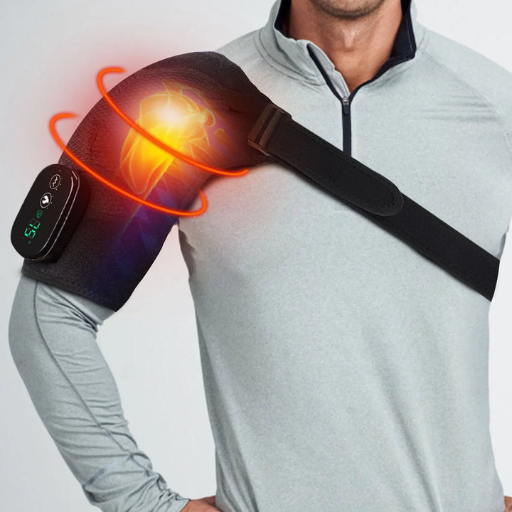 Tragbares Neopren Schulter-Massagegerät in Grau/Schwarz, bietet Wärme & Vibration für Entspannung.