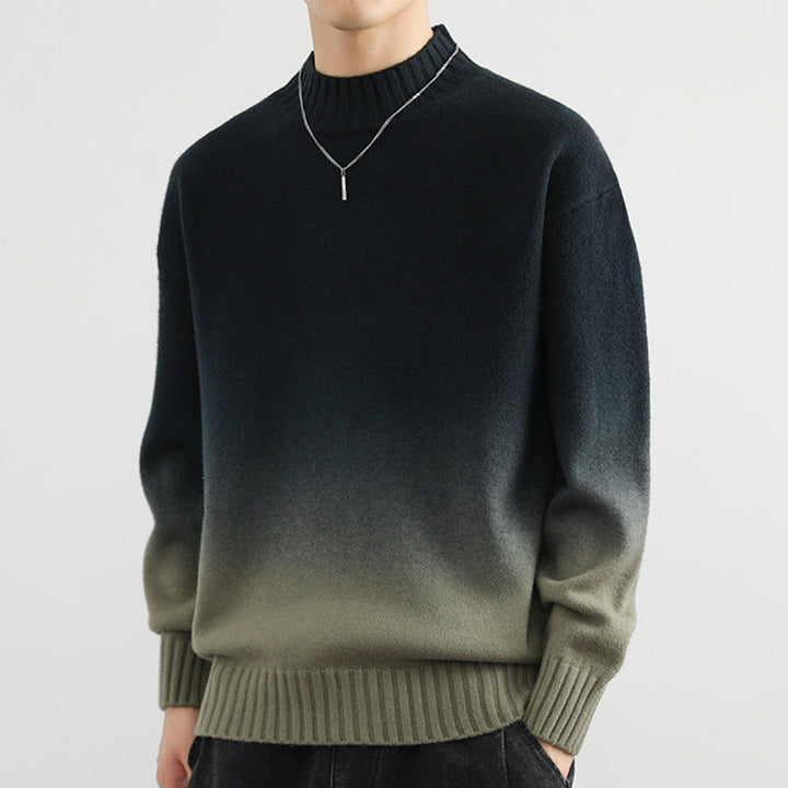 Detailansicht des Unisex Strickpullovers: feiner Farbverlauf & gestrickte Textur. Warm & stilvoll für Herbstmode.