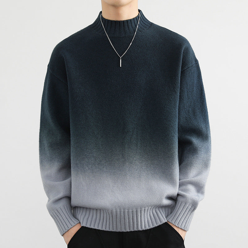 Rückansicht des Unisex Gradient-Strickpullovers. Moderner Farbverlauf, ideal als warmer Langarmpullover für Freizeit.