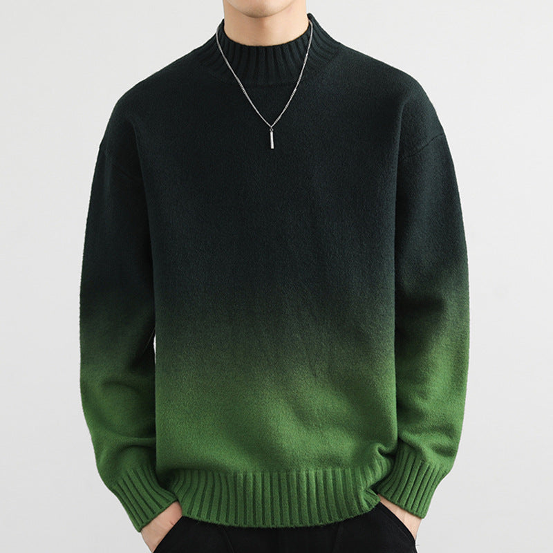 Detailaufnahme des Rundhals-Ausschnitts am Unisex Gradient-Strickpullover. Moderner Farbverlauf, warm & bequem.