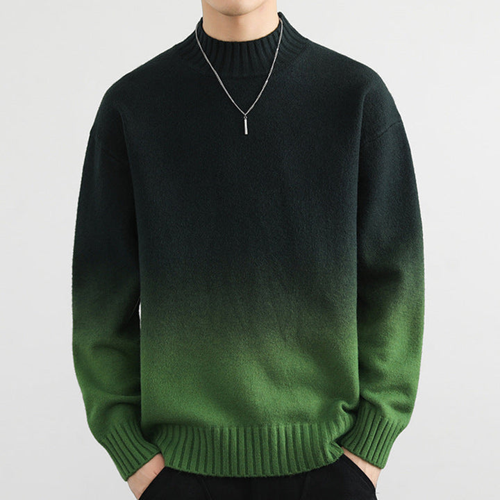 Detailaufnahme des Rundhals-Ausschnitts am Unisex Gradient-Strickpullover. Moderner Farbverlauf, warm & bequem.