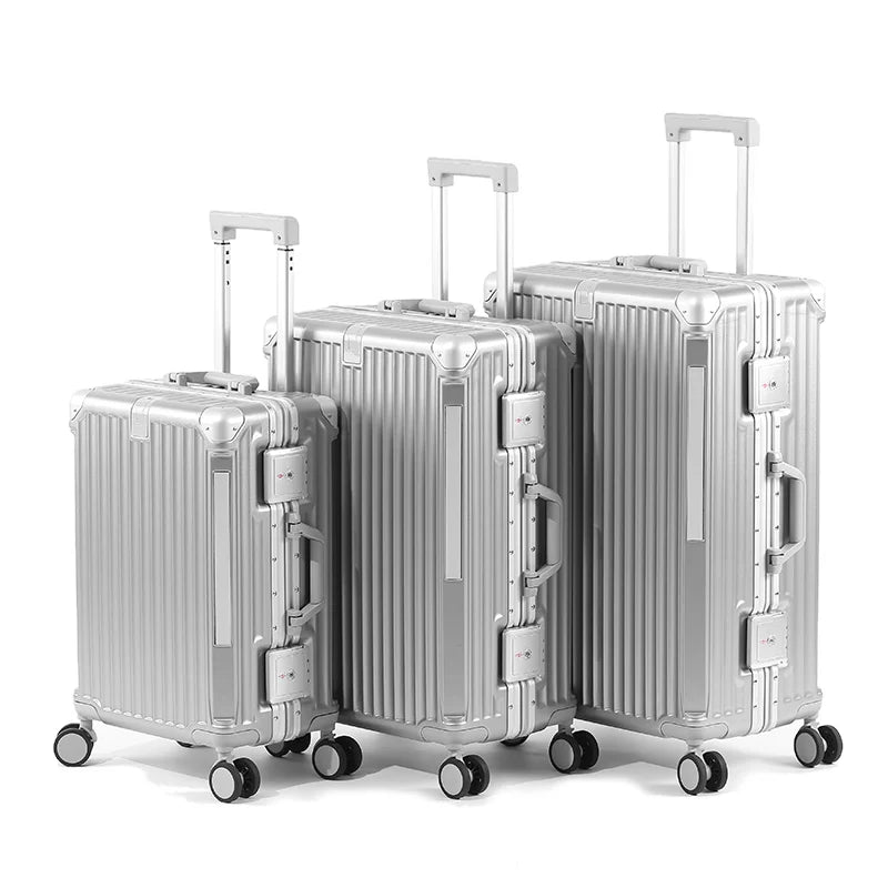 Robuster Hartschalenkoffer mit elegantem Aluminiumrahmen für maximale Stabilität und Schutz auf Geschäfts- oder Urlaubsreisen.