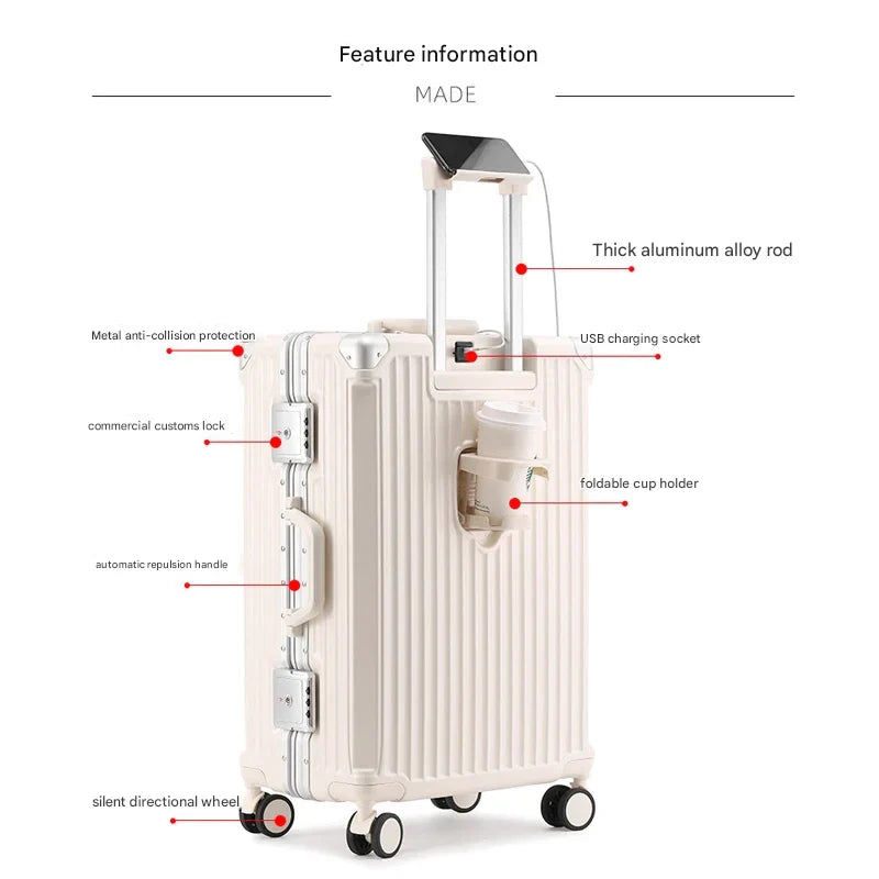 Hochwertiger Hartschalenkoffer mit Aluminiumrahmen und 360°-Rollen, ideal für komfortables und sicheres Reisen.