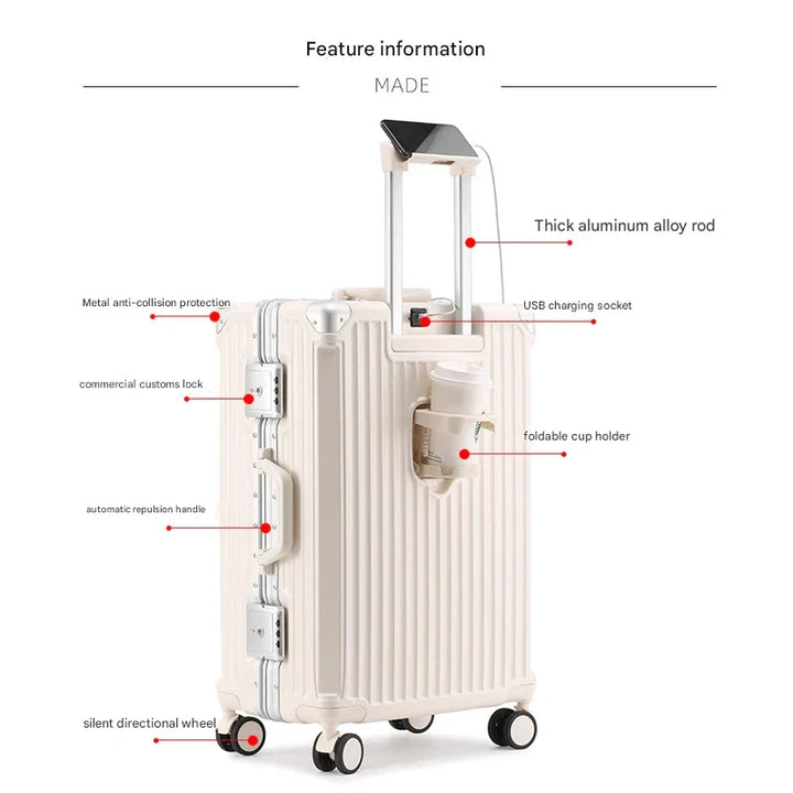 Hochwertiger Hartschalenkoffer mit Aluminiumrahmen und 360°-Rollen, ideal für komfortables und sicheres Reisen.