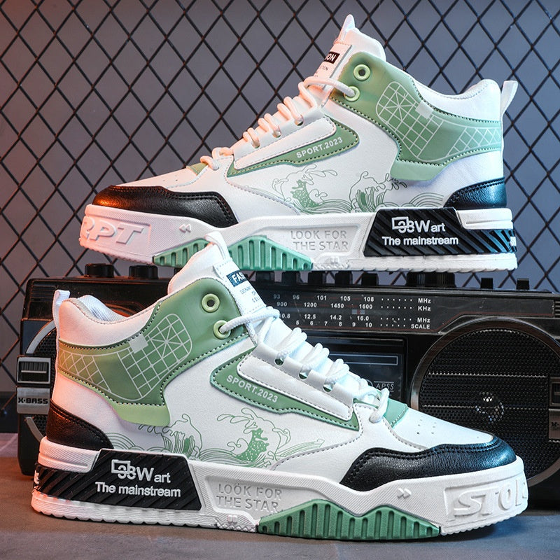 Detailaufnahme des Unisex High-Top Sneakers. Zeigt das atmungsaktive Material, ein komfortabler Herbstschuh.