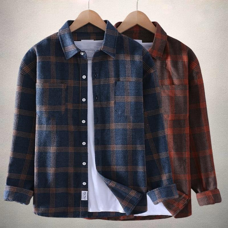 Lässiges Unisex Karohemd für den Herbst. Kariertes Flanell-Langarmhemd in Rot-Blau, ideal für komfortable Herbstmode.