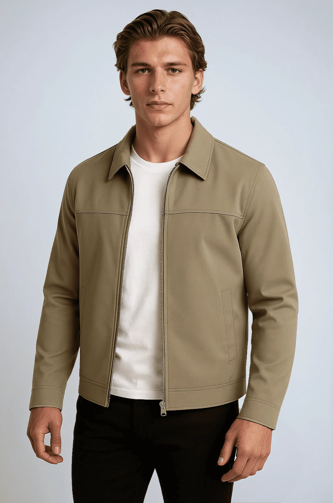 Unisex khakifarbene Freizeitjacke für Herren und Damen, ideal als stilvolle Übergangsjacke für Frühling & Herbst.