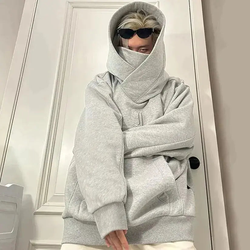 Modische Unisex Ninja-Übergangsjacke in Grau/Schwarz für Herbst & Winter mit stylischem asymmetrischen Doppelkragen.