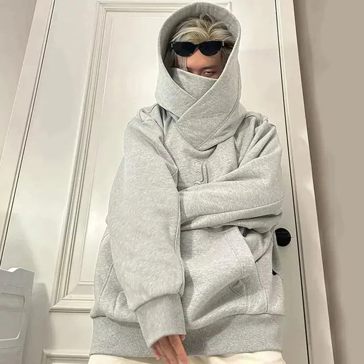 Modische Unisex Ninja-Übergangsjacke in Grau/Schwarz für Herbst & Winter mit stylischem asymmetrischen Doppelkragen.