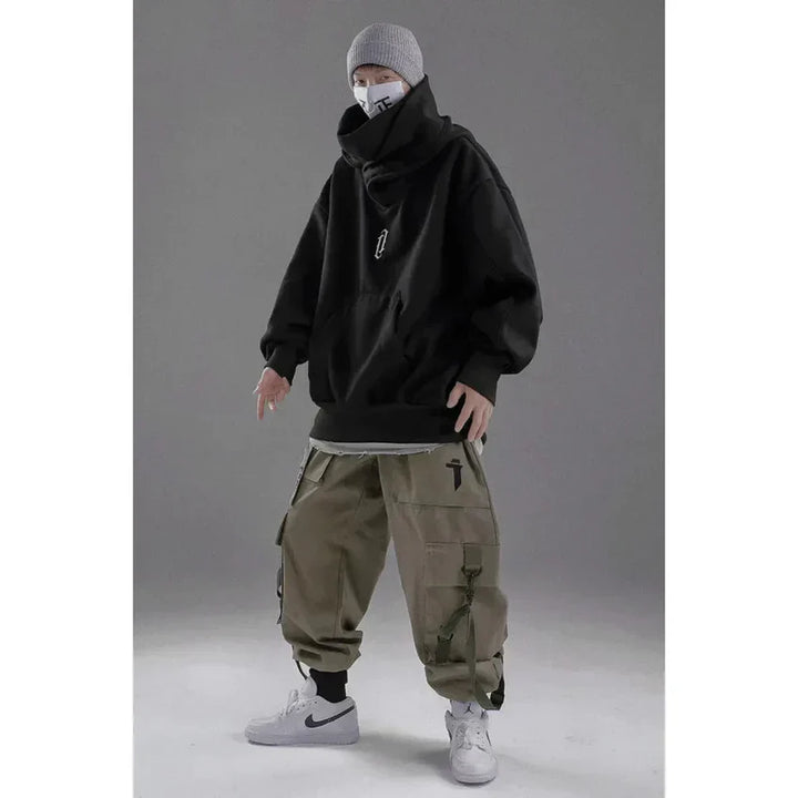 Asymmetrische Unisex Ninja-Jacke in Schwarz mit modernem Doppelkragen für Damen & Herren, perfekt für Streetwear-Look.
