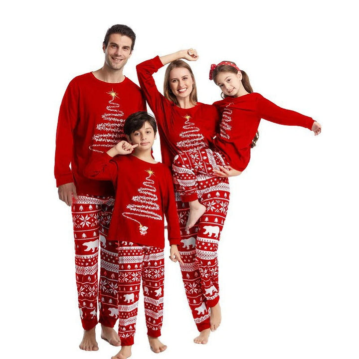 Kuscheliges Unisex-Pyjama-Set aus Polyester in Rot & Marine. Bequeme Nachtwäsche für die ganze Familie.