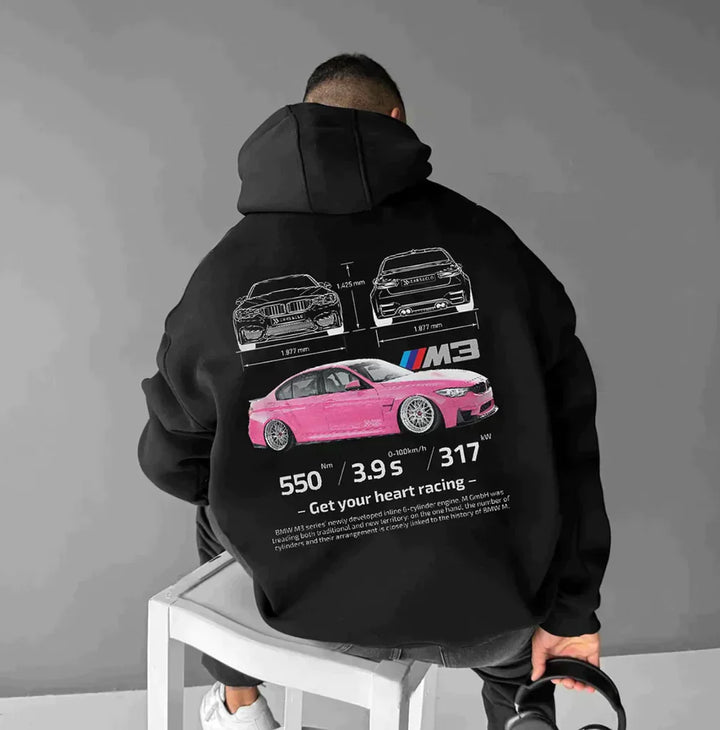Weißer unisex Rennsport-Hoodie mit dynamischem Grafikdesign; bequemer Kapuzenpullover für alle Tage.