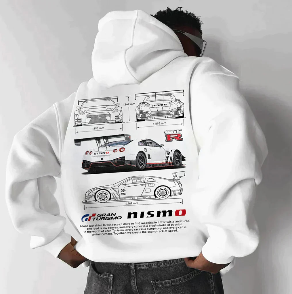 Schwarzer Unisex Renn-Hoodie mit auffälligem Grafikdruck; sportlicher Kapuzenpullover für den Casual-Look.