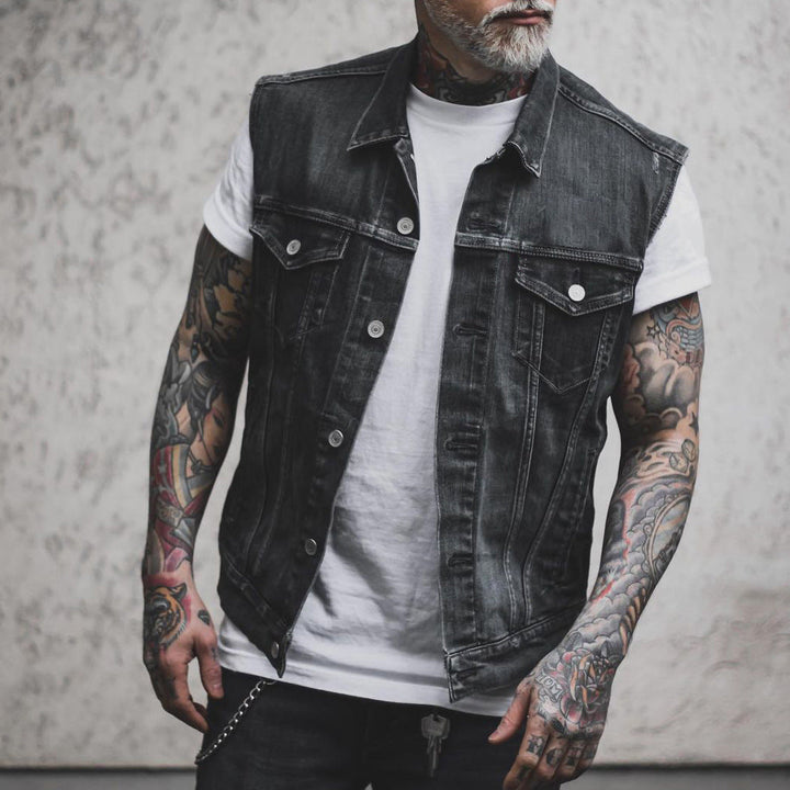 Unisex ärmellose Jeansweste für Herren, lässiger Streetwear-Look, perfekt für Herbst und Lagenlook. Vielseitiges Oberteil.